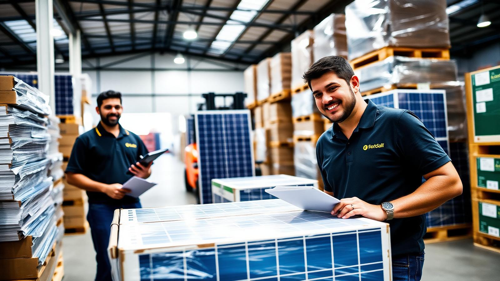 Equipe do depósito da OMF Nordeste conferindo pallets de módulos solares e inversores